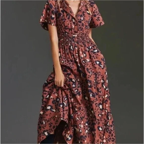 Anthropologie Maeve Somerset Leopard Maxi Dress Brown Smocked Waist Pockets Sml. - Picture 1 of 15